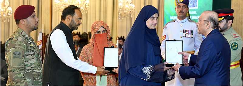 President Asif Ali Zardari conferred Sitara-e-Basalat upon the families of Lt Col Muhammad Ali Shaukat (Shaheed) and Sepoy Soban Majeed Baloch (Shaheed), alongwith SSG Sepoy Israr Muhammad, who recovered after sustaining serious injuries in a terrorist attack, during an investiture ceremony at Aiwan-e-Sadr