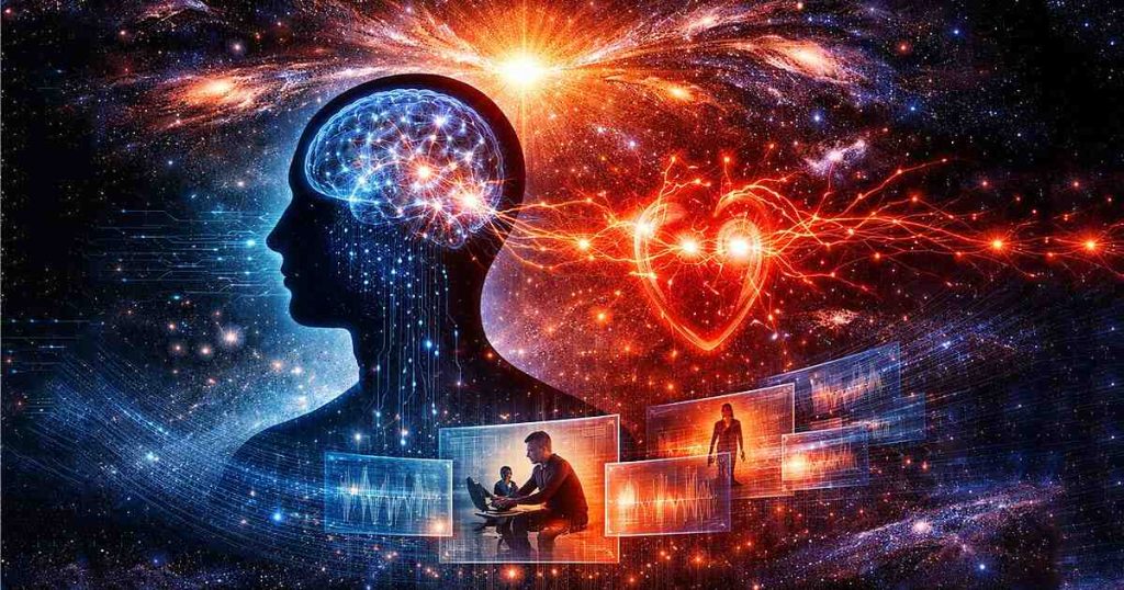 A visual representation exploring humanity's existence as a living signal or a fading reality.