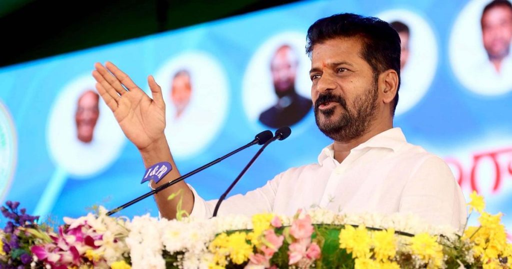 Telangana Chief Minister A. Revanth Reddy speaking at a public event, addressing fertilizer supply concerns.