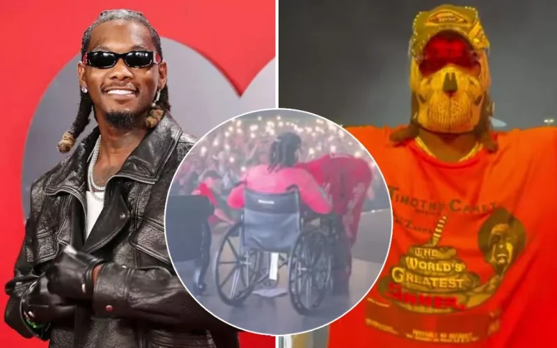 Offset returns to stage on a wheelchair one week after shooting